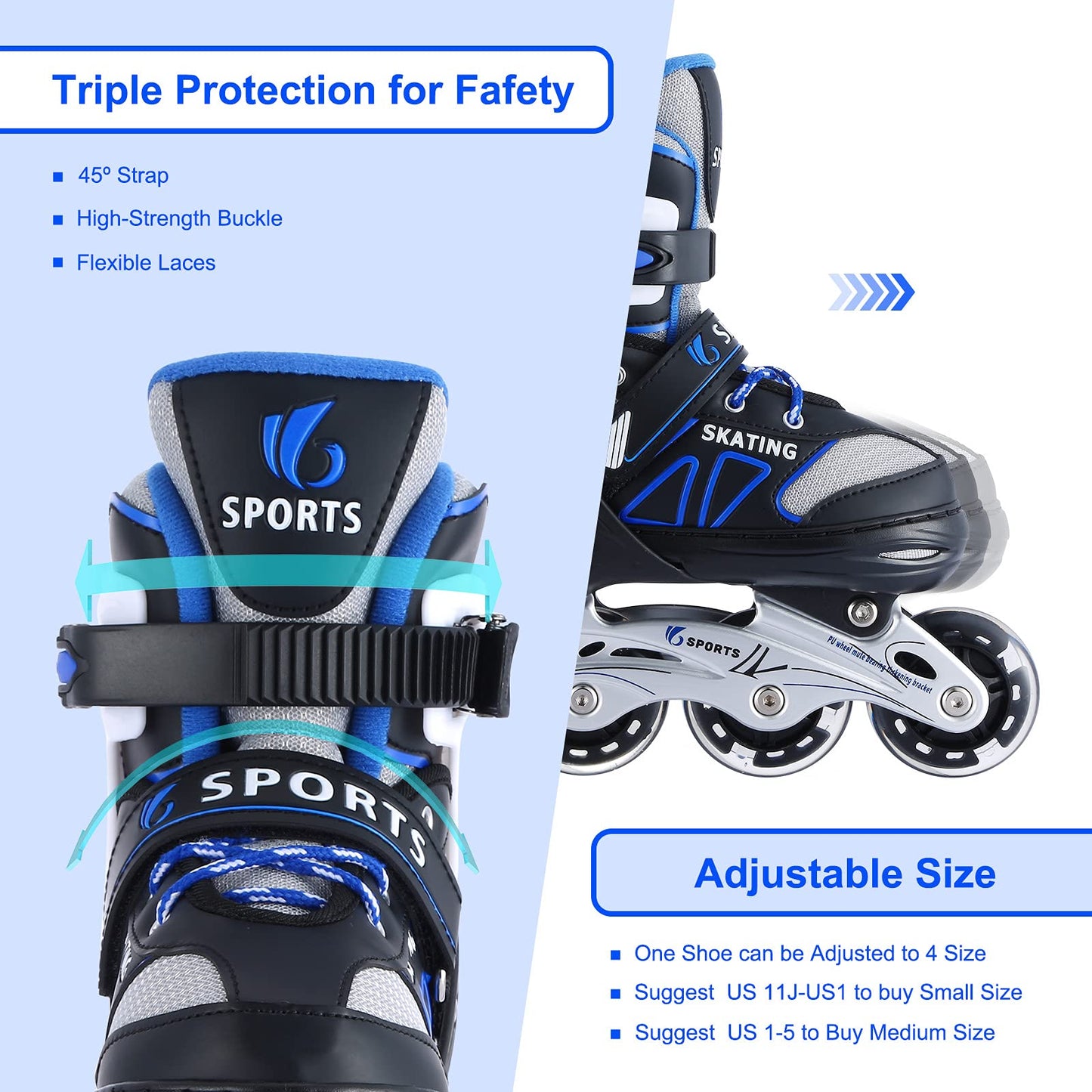 Inline Skates for Kids Girls Boys Beginners, 4 Size Adjustable Size with Light Up Wheels for Children. (Blue, Medium(2-5))