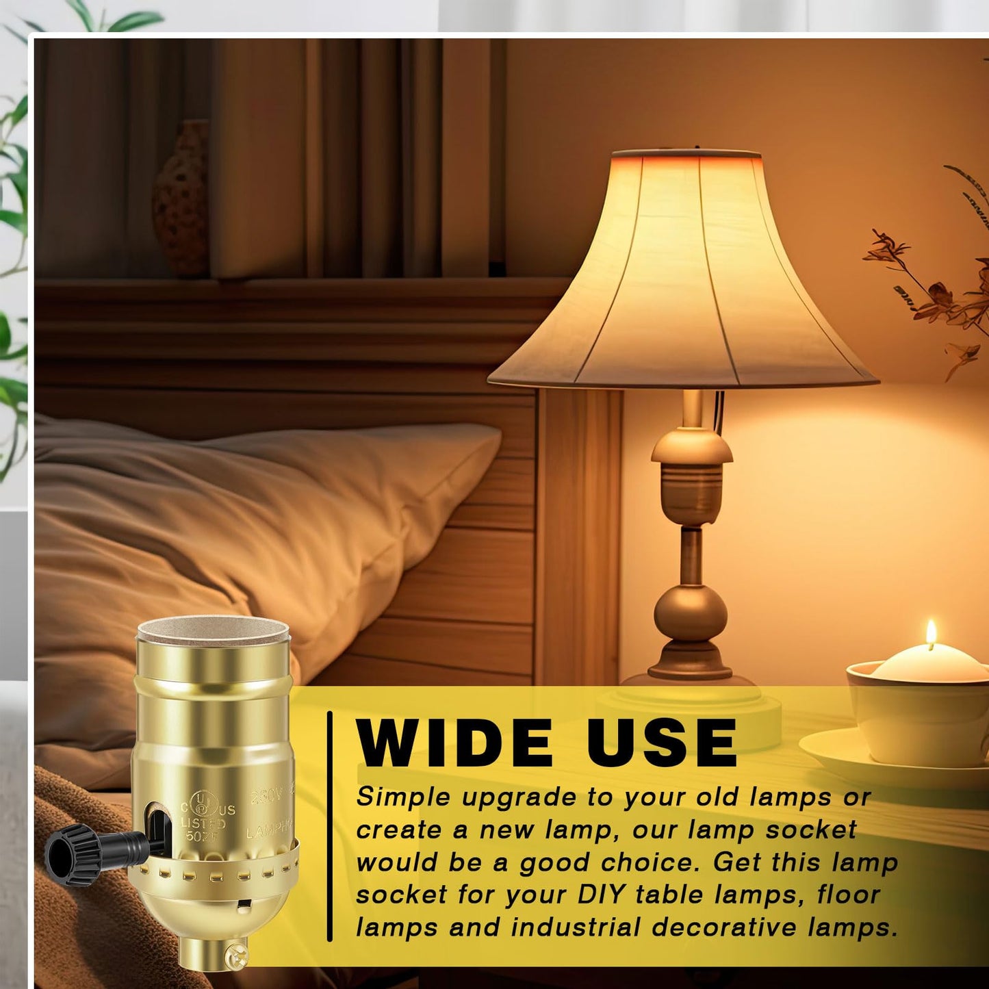 Saysurey 4 Pcs UL Listed Lamp Socket Replacement 1 Way ON/Off Light Settings E26 Threaded Base Turn Switch Knob Light Socket Lamp Parts for Repair Table Floor Lamps DIY Project, Gold