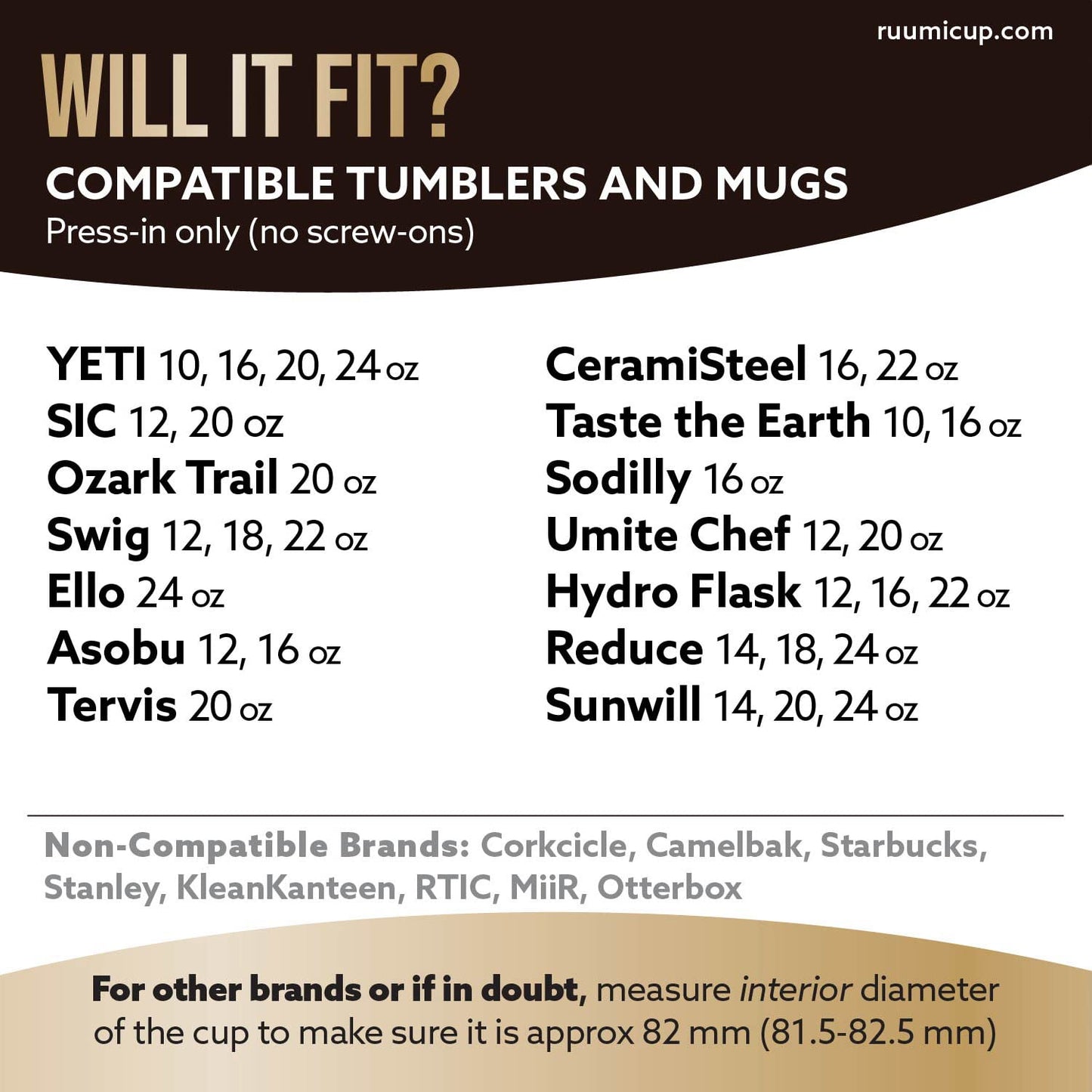 Ruumi® Nose Recess Tumbler Lid (Black) – Compatible with 20 oz Yeti Rambler, Ozark Trail, Swig – See Chart for Other Brands/Sizes