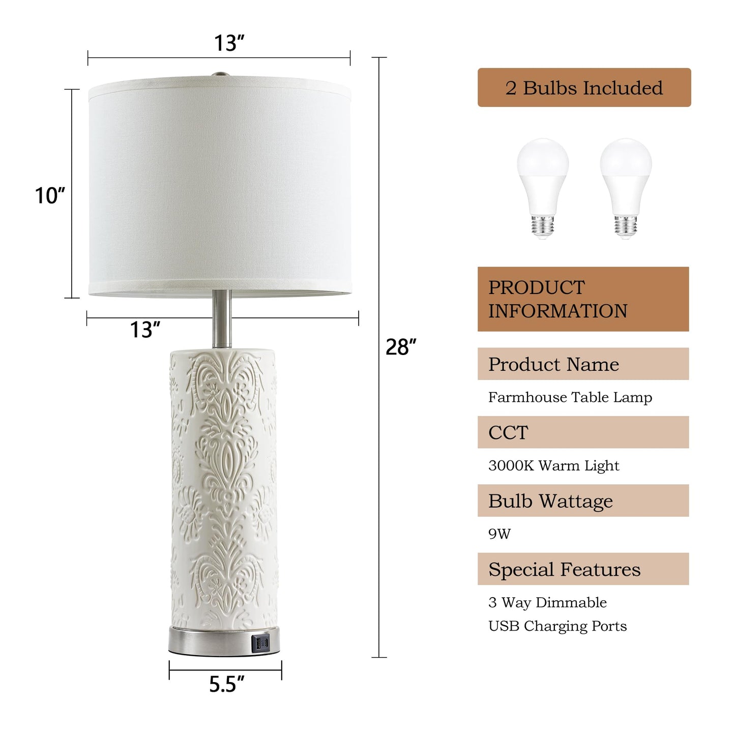 SRJJA 28" Modern White Ceramic Table Lamps Set of 2 for Living Room, Farmhouse 3-Way Dimmable Touch Bedside Lamps with USB A+C Ports for Bedroom Nightstand, 2 Bulbs Included