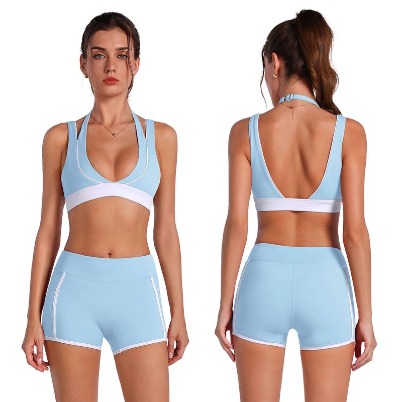 ABOCIW Workout Sets for Women 2 Piece Gym Sets Deep V Neck Layered Sports Bra High Waist Mini Shorts with Pockets Yoga Pilates Outfits Athletic Work Out Clothes Blue Small
