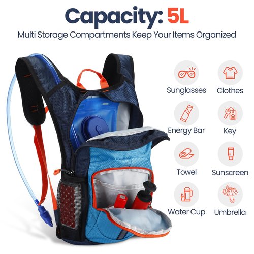 Shinylin 2 Pcs Kids Hydration Backpack with 1.5L Water Bladder Lightweight Kids Hiking Backpack Water Rucksack for Boys Girls Climbing Running(Blue, Purple,Classic)