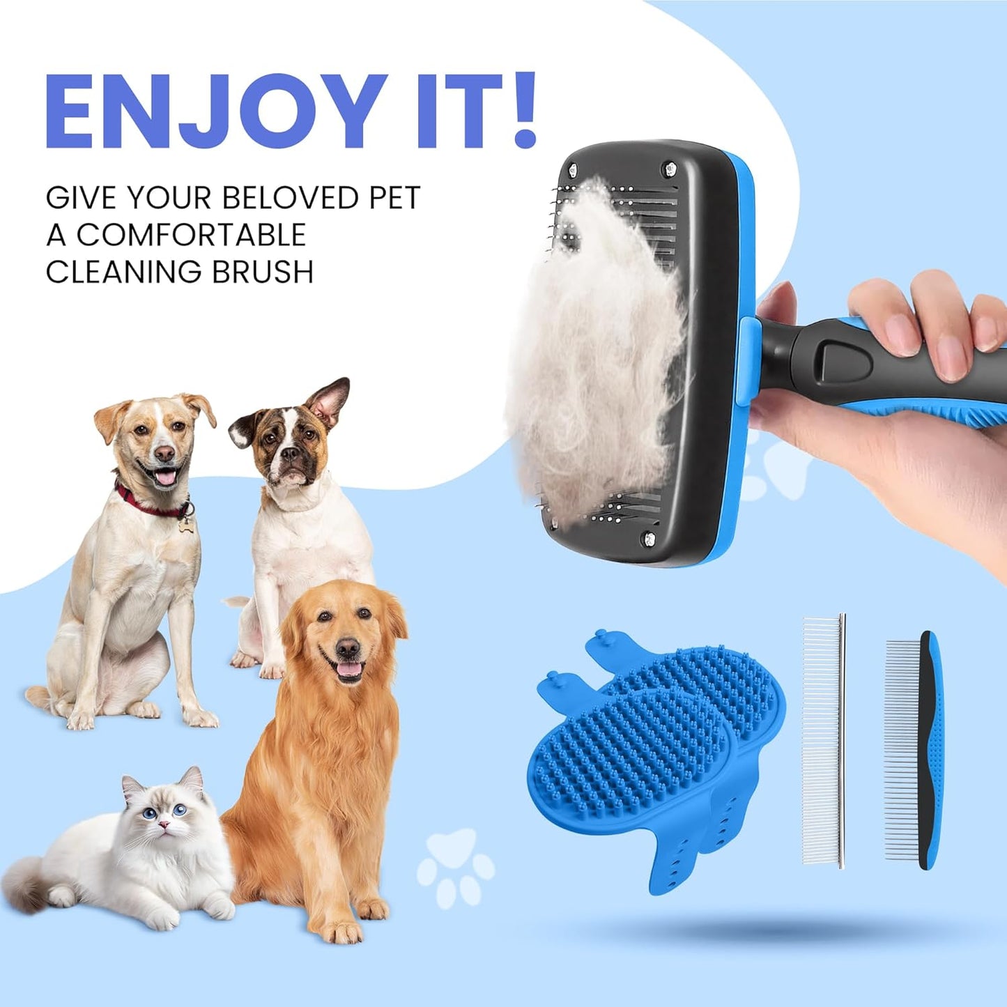 Skiennix Self-Cleaning Shedding Brush - 5-in-1 Professional Grooming Kit for Dogs & Cats | Skin-Friendly, Blue