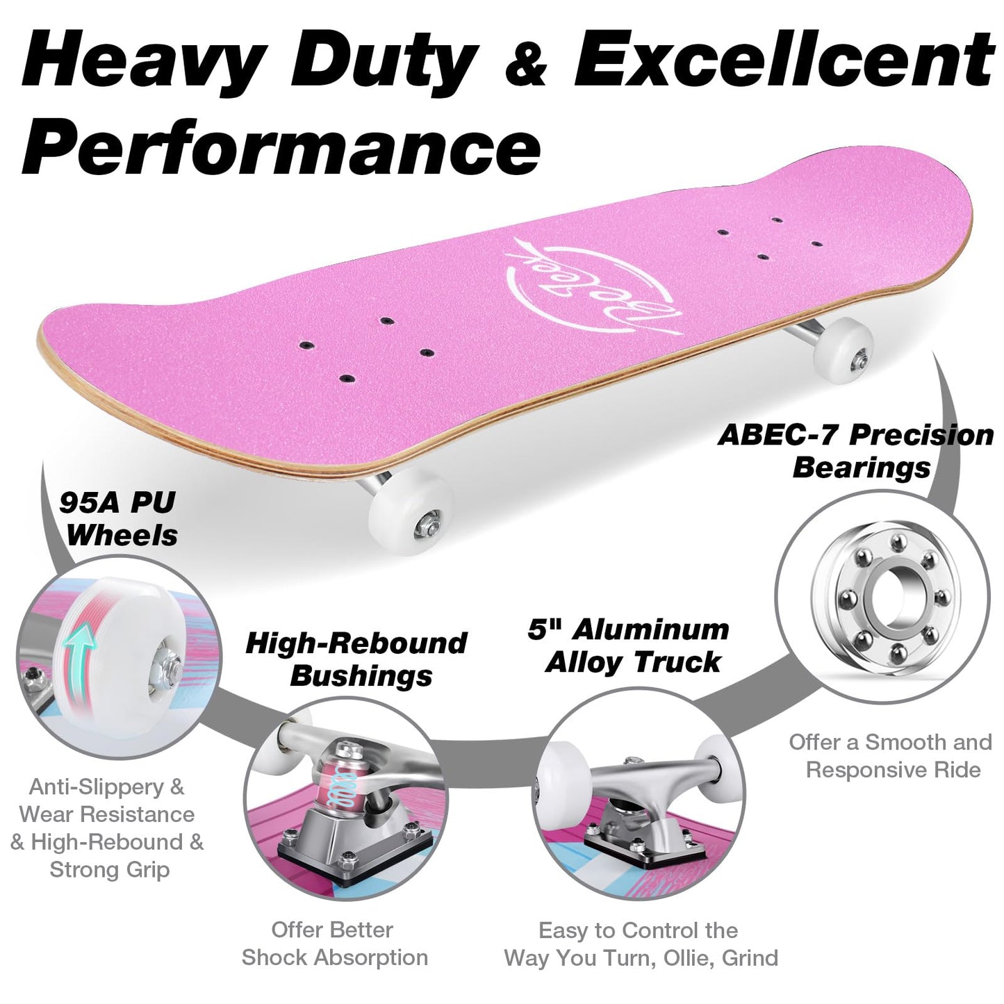BELEEV Skateboards for Beginners, 31 x 8 inch Complete Skateboard for Kids Teens Adults, 7 Layer Canadian Maple Double Kick Deck Concave Cruiser Skateboard with Skate T-Tool(Light Pink)