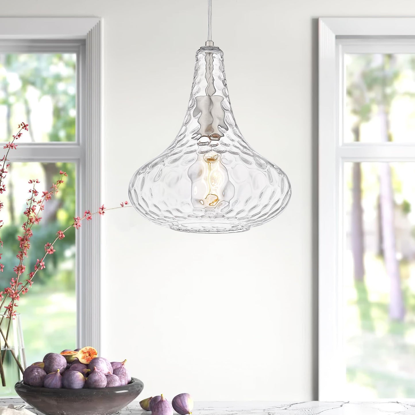 AUTELO Glass Kitchen Pendant Lights Pendant Light Fixture with Hammered Glass Hanging Light for Kitchen Island Living Room Dinning Room H9164
