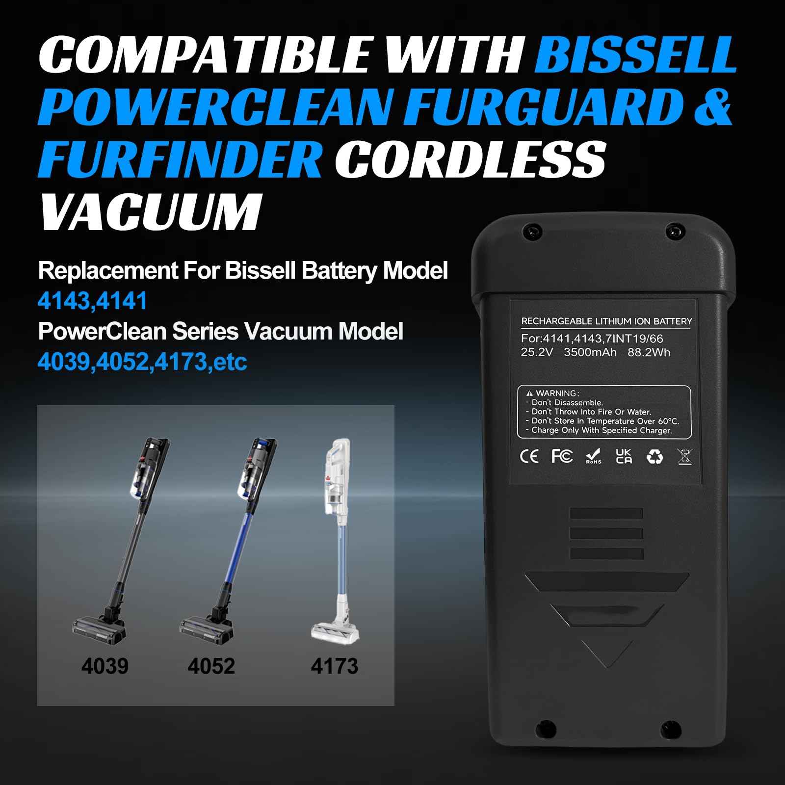 BooNer Battery for Bissell PowerClean FurGuard & FurFinder Cordless Vacuum, Replacement for Battery Model 4143,4141, Compatible wtih Bissell PowerClean Series Vacuum Model 4039,4052,4173,etc (Gray)