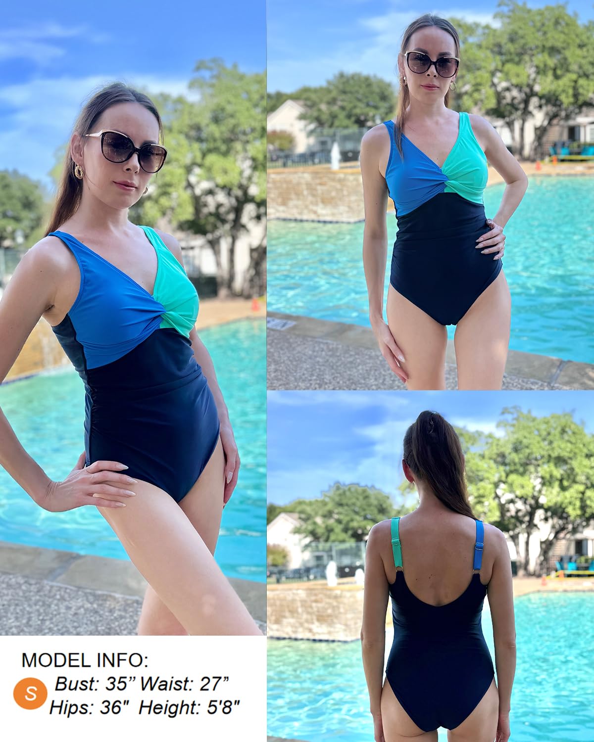 Holipick Blue Green Block Women Tummy Control One Piece Swimsuit - Push Up Bathing Suit Full Coverage Slimming Swimwear XXL