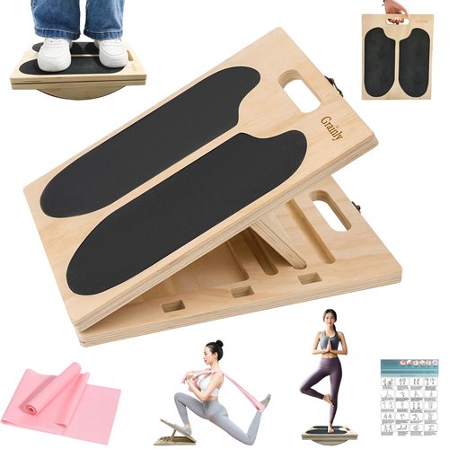 Grainly 2-in-1 Wooden Slant Board & Balance Board | Adjustable Incline Board for Calf Stretching, Squat Wedge, Ankle Support | Suitable for pain relief therapy and core strength training| Includes Workout Poster & Resistance Band