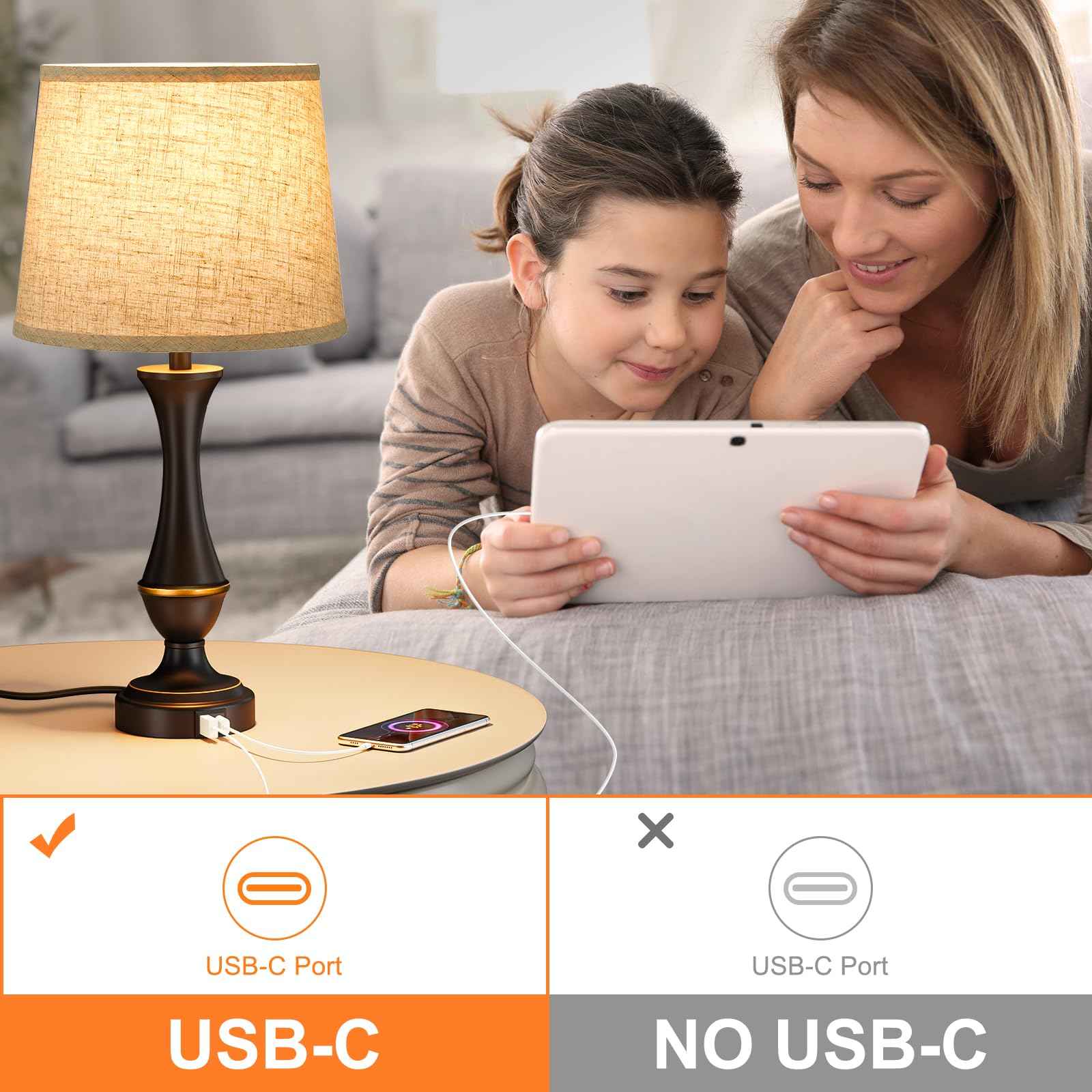 Seealle Upgraded Touch Lamps for Night Stands Set of 2 - Bedside Lamps with USB C+A, 3 Way Dimmable for Bedroom Living Room End Tables Office