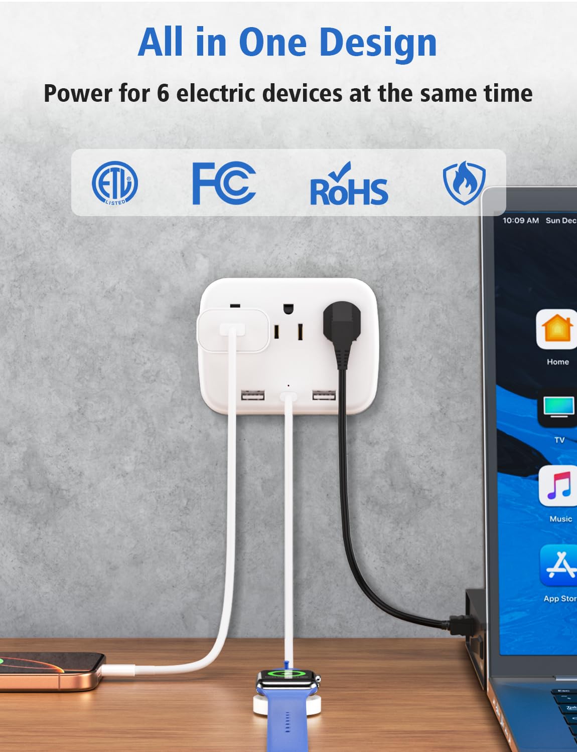 Citelect 3 Outlet Extender Multi Plug Wall Outlets, Surge Protector, Wall Plug Splitter with 3 AC Outlets & 3 USB Ports (2 USB-A + 1 USB-C), Plug Adapter for Home/Office/Hotel/Travel, White(1 Pack)