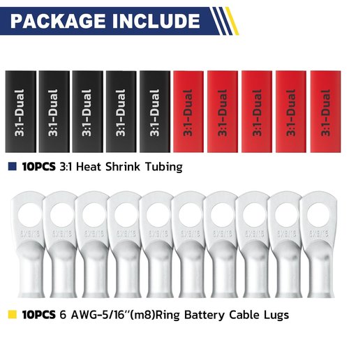 Haisstronica 10pcs 6 AWG Tinned Copper Battery Lugs - Heavy Duty Wire Connectors with Heat Shrink Tubing | M8 Size