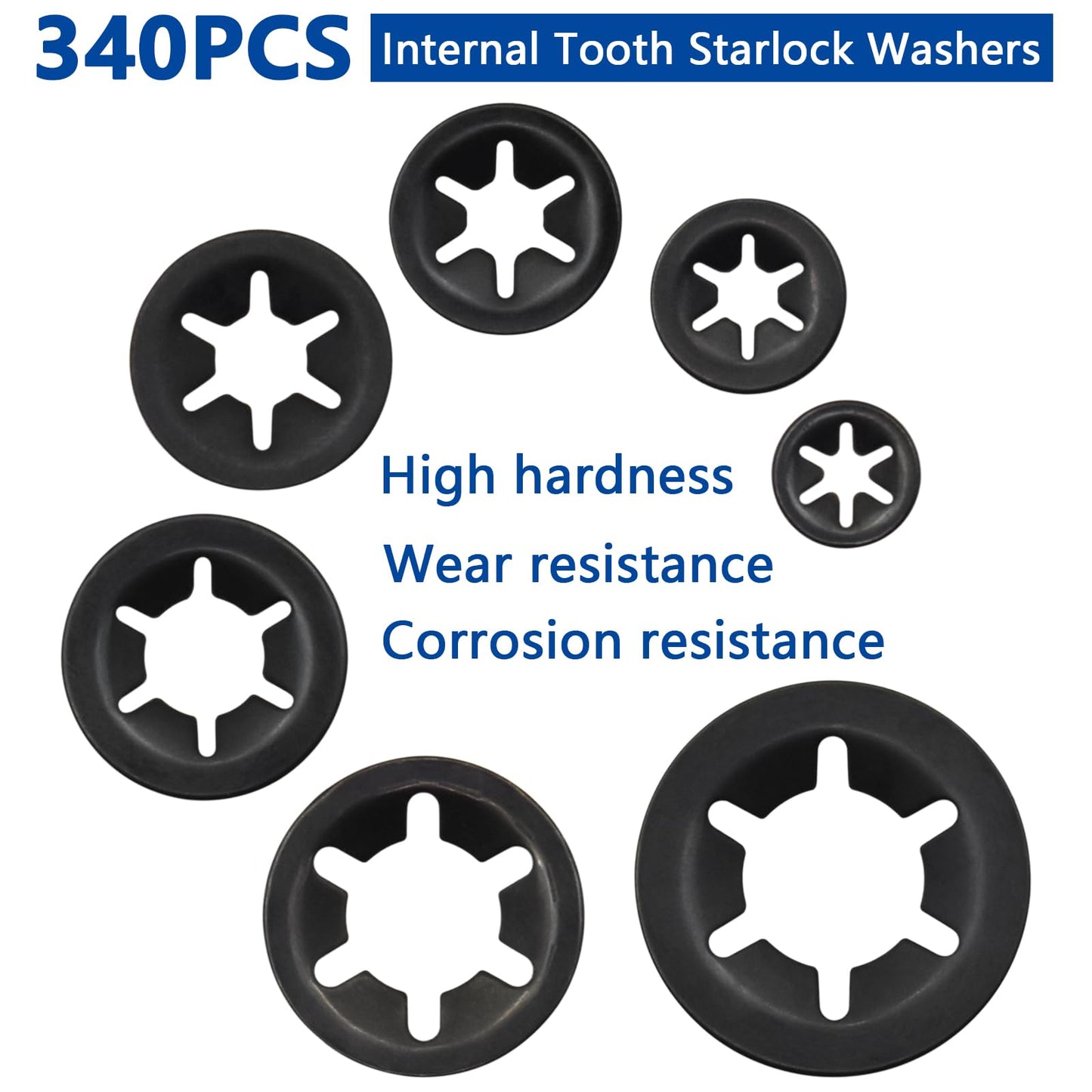 BDS-HOME 340 PCS 7sizes Internal Tooth Starlock Washers Assortment Kit, 65Mn Steel Fasteners Washers Black Oxide Finish Quick Speed Locking Washers