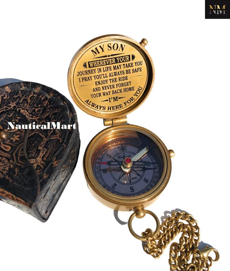Personalized Brass Compass Engravable My Son Gift for Mom-Dad Graduation, Anniversary, Baptism, Retirement A Perfect and Unique Gift with Leather Case