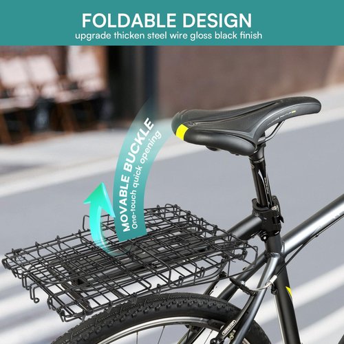 PIREKZUNT Folding Bike Rear Basket, Metal Ebike Basket Rear with PU Liner Bag and Waterproof Cover, Quick Release Design E Bike Frame for Men and Women Bicycle