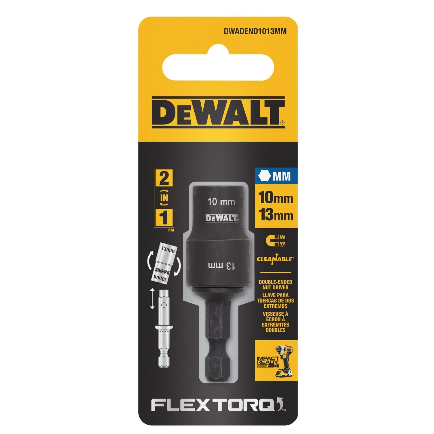 DEWALT FLEXTORQ Socket and Short Extension, 2 in 1, 10mm & 13mm, Double-Ended Nut Driver (DWADEND1013MM)
