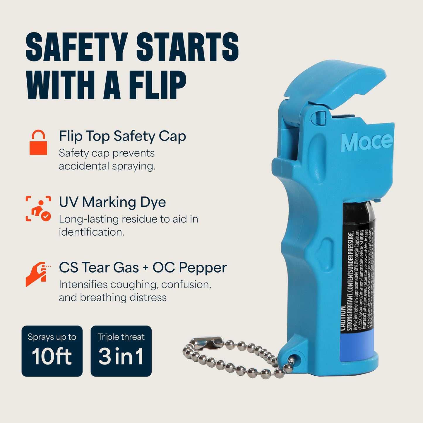 Mace Pepper Spray - Triple Action Pocket, 3-in-1 (OC, Tear Gas, UV Dye), Max Police Strength, 0.42 oz, 10 Feet Range, Flip Top Safety Cap, Self Defense Pepper Spray for Women & Men - Blue