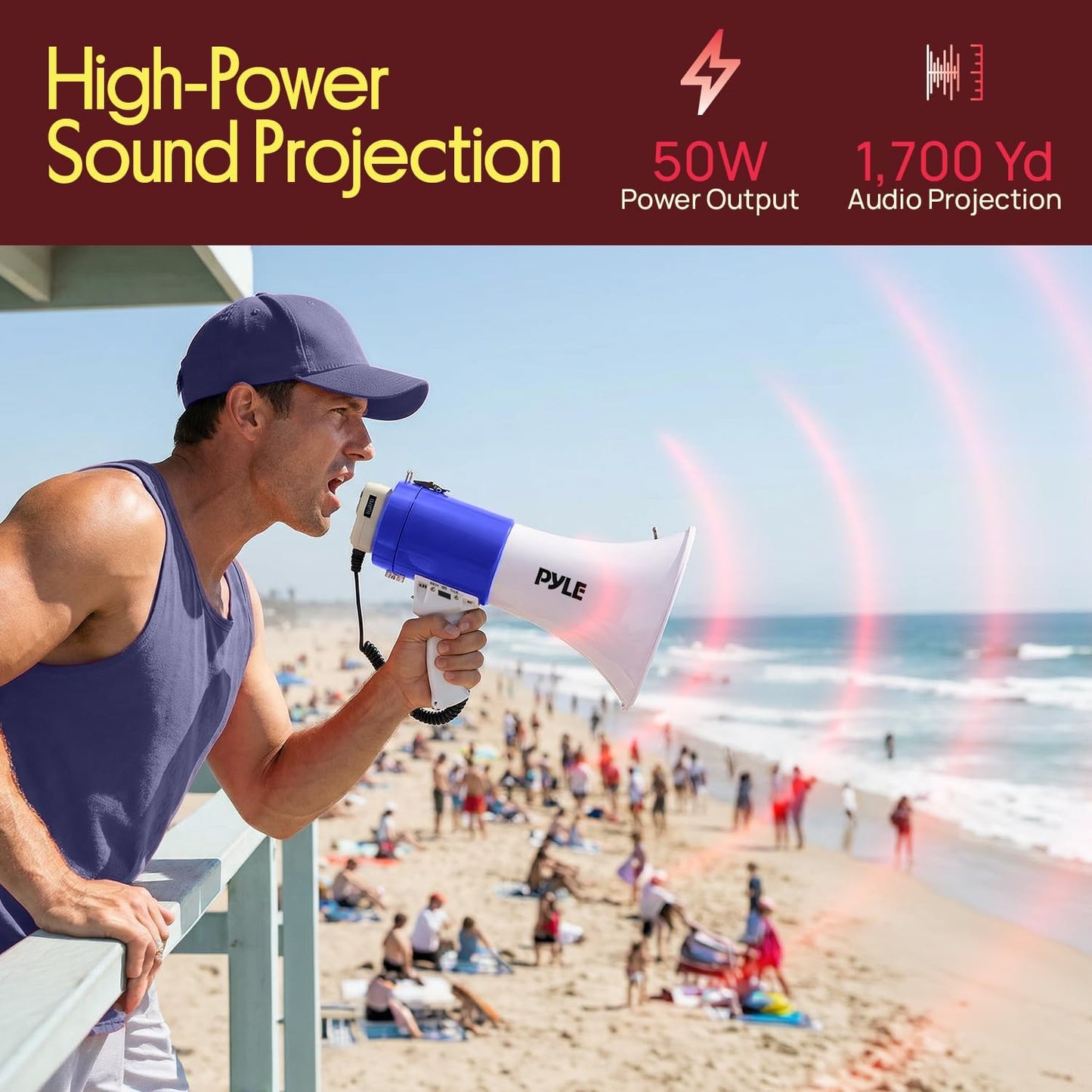Pyle 50W Portable Megaphone | Adjustable Volume Up to 1700 Yards - Aux Input & USB Playback