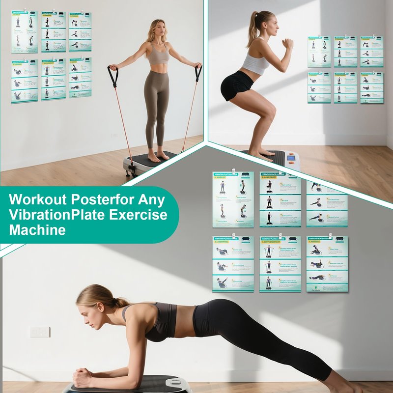 Vibration Plate Exercise Machine Poster - Upgraded 6 Workout Guidance & 10 Pcs Planner & 10 Pcs Double-Sided Clips, Comprehensive Whole Body Wave Vibrating Workout Chart, Green
