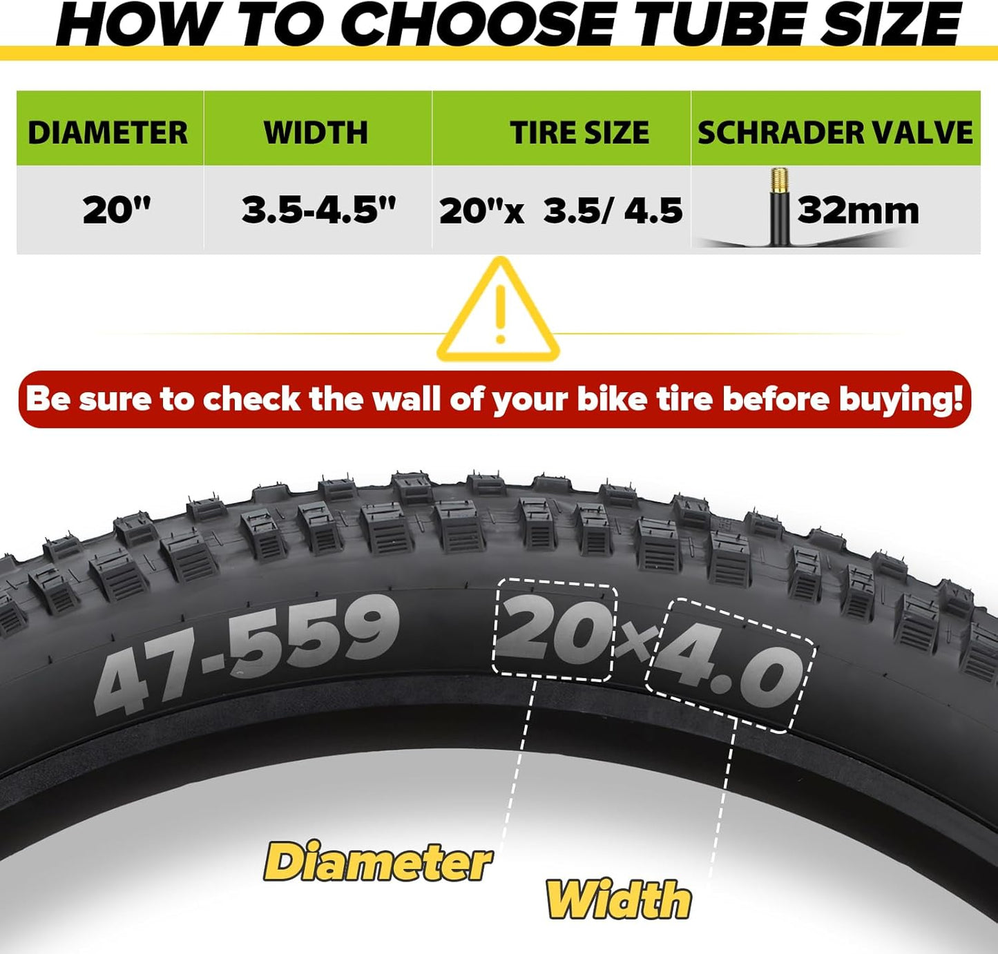 Skiennix Fat Bike Tube - Premium Butyl Rubber with AV 32mm Schrader Valve | 20" & 26" Sizes Available