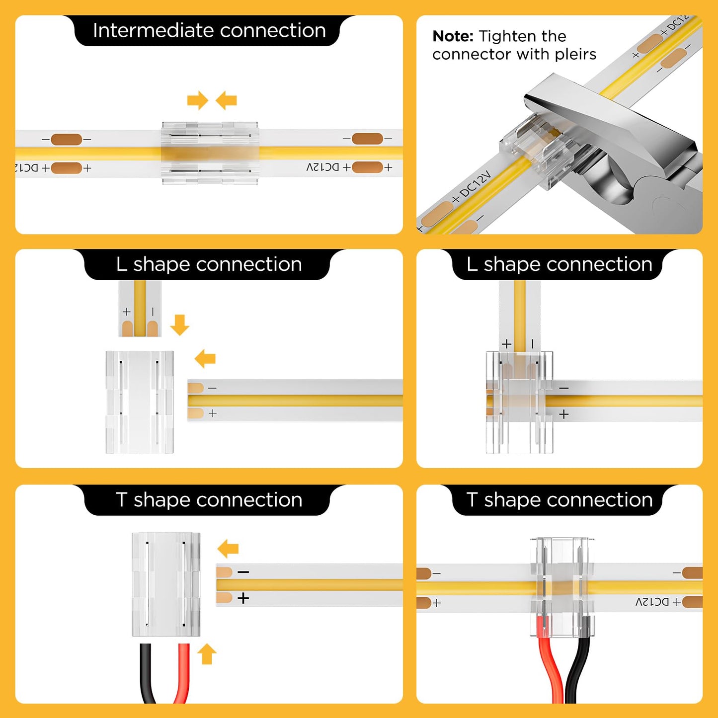 DEIGCYU 20 Pack 8-in-1 LED Strip Connectors with 6.6FT (2m) 20AWG Wires, for 8mm 2-Pin COB/SMD 2835/3528 LED Strips – Straight, Corner, Strip-to-Strip & Strip-to-Wire