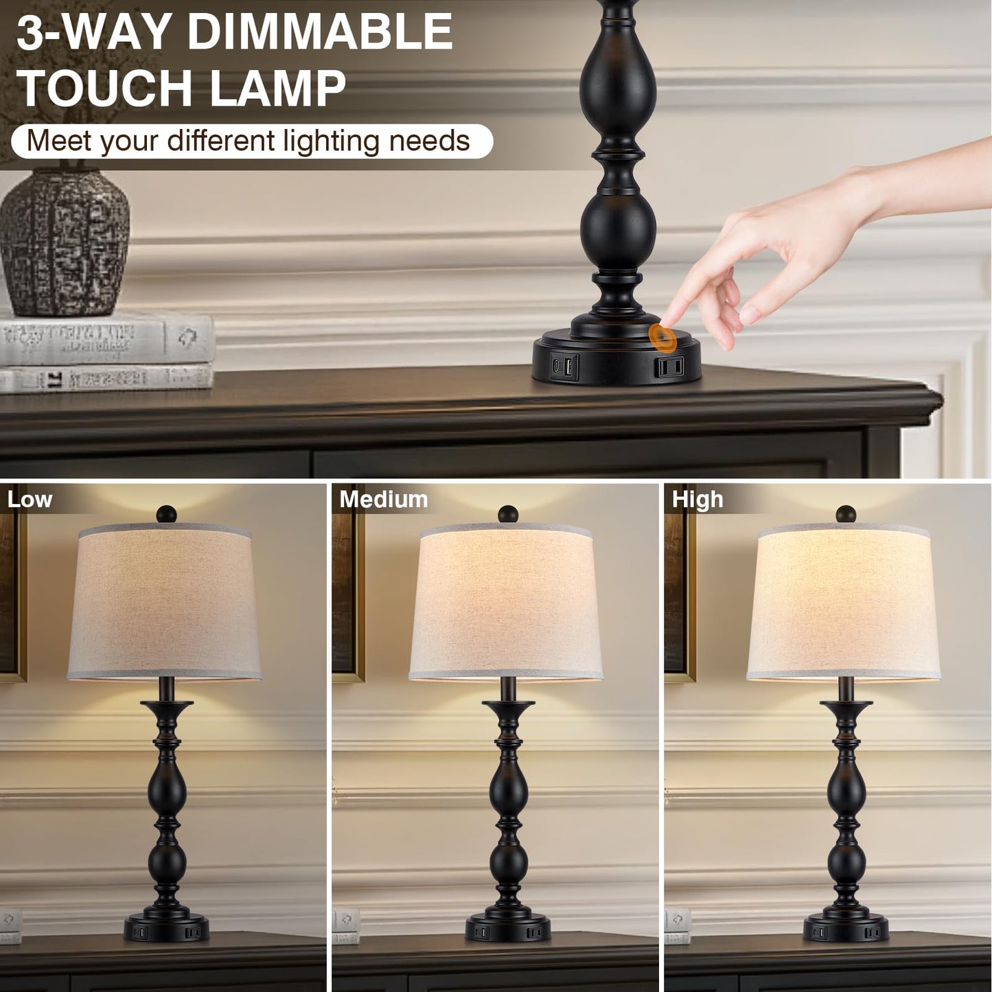 MOUVOVO 28" Tall Modern Table Lamps Set of 2 with USB C+A Ports and AC Outlet, 3 Way Touch Metal Bedside Lamps for Living Room, Black Farmhouse Nightstand Lamps for Bedroom