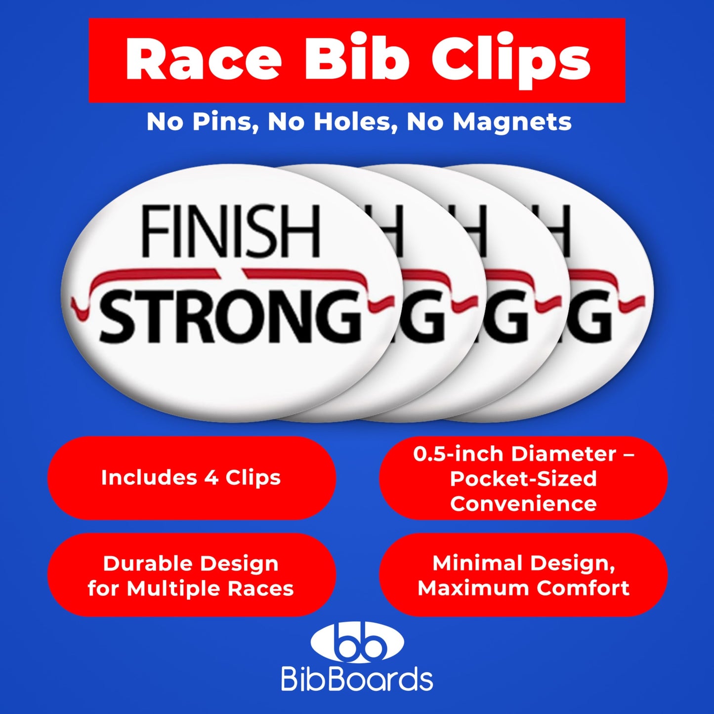 bibSNAPS Race Bib Clips - Safety Lock Fasteners - Secures Running, Marathon, Cycling and Event Number, Non Magnetic, Easy to Use & Reusable - Replacement for Pins & Magnets - Finish Strong (4pcs)