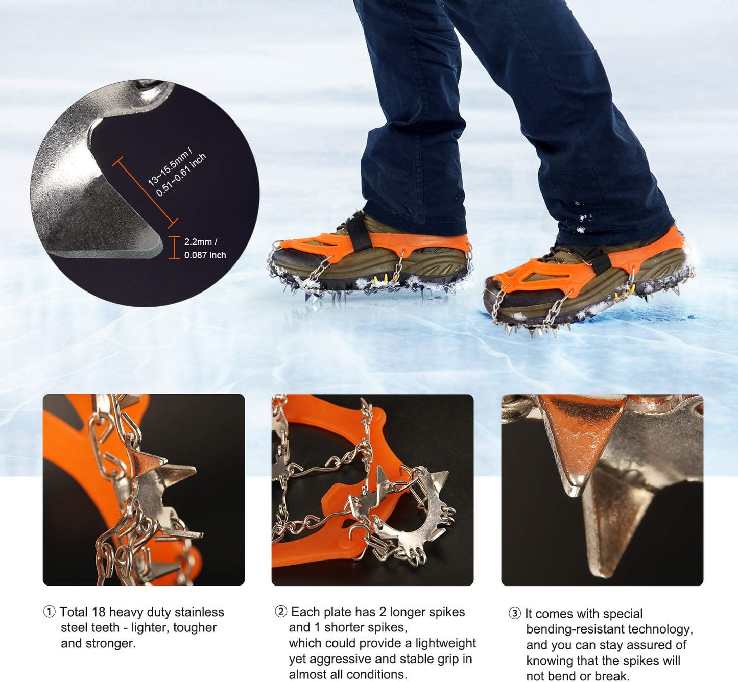 Unigear Crampons for Hiking Boots - 18-Spike Traction Ice Cleats for Walking, Jogging & Climbing