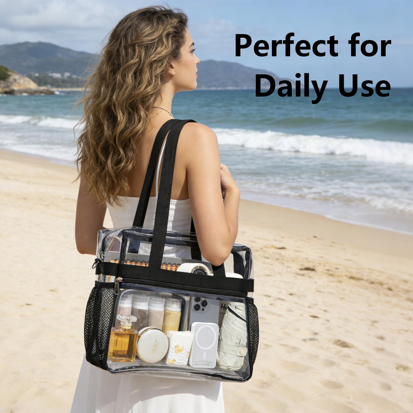 LERASO Clear PVC Transparent Tote Bag, Heavy Duty Waterproof Clear Crossbody Bag Stadium Approved with Adjustable Removable Strap for Concerts, Sports, Work, Beach & Daily Use,Black