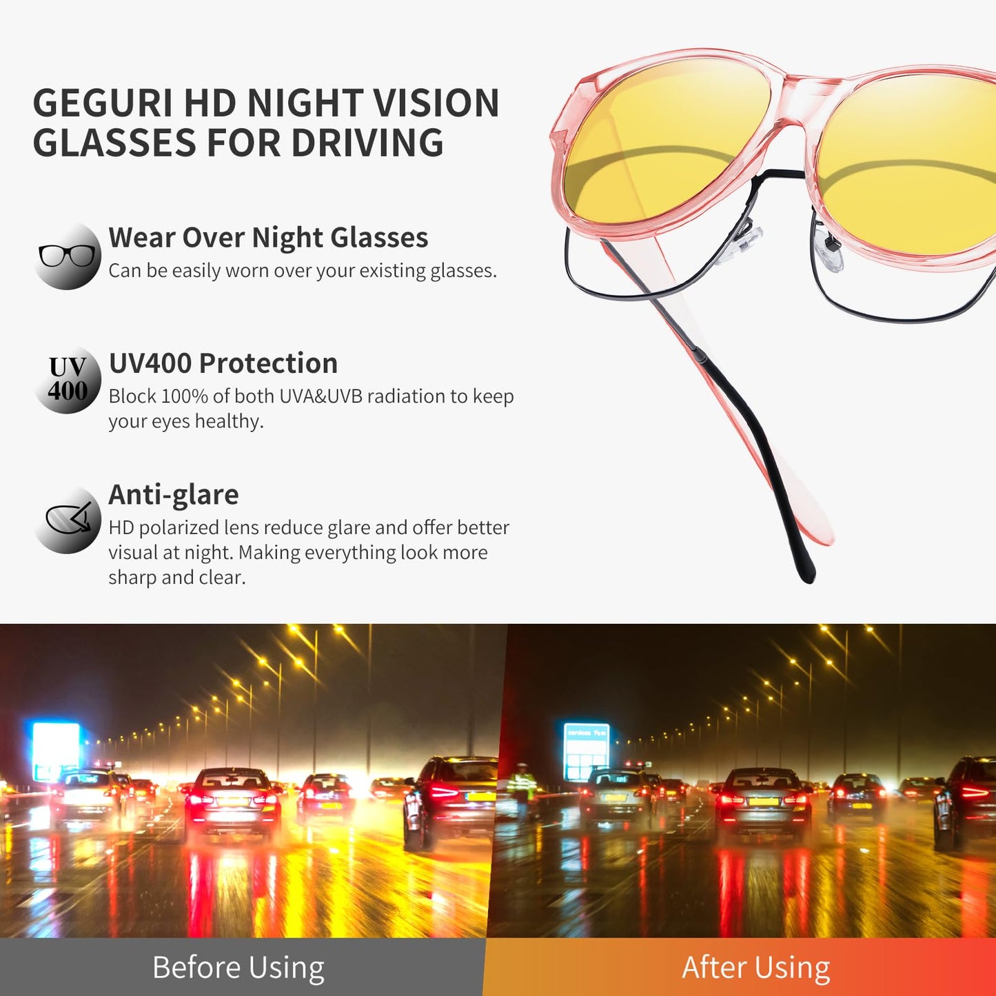 GEGURI Night Vision Driving Glasses Fit Over Glasses Women's Nighttime Eyewear Anti Glare Polarized with Yellow Lens