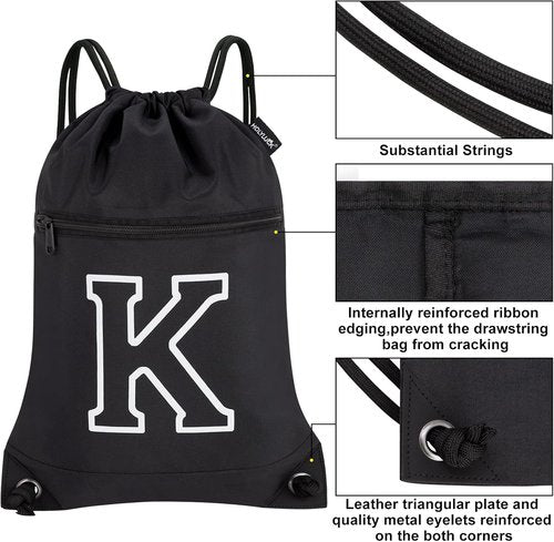 HOLYLUCK Drawstring Bags - Initial Backpack Cinch Sack for Sports, Gym, Travel | Black (K)