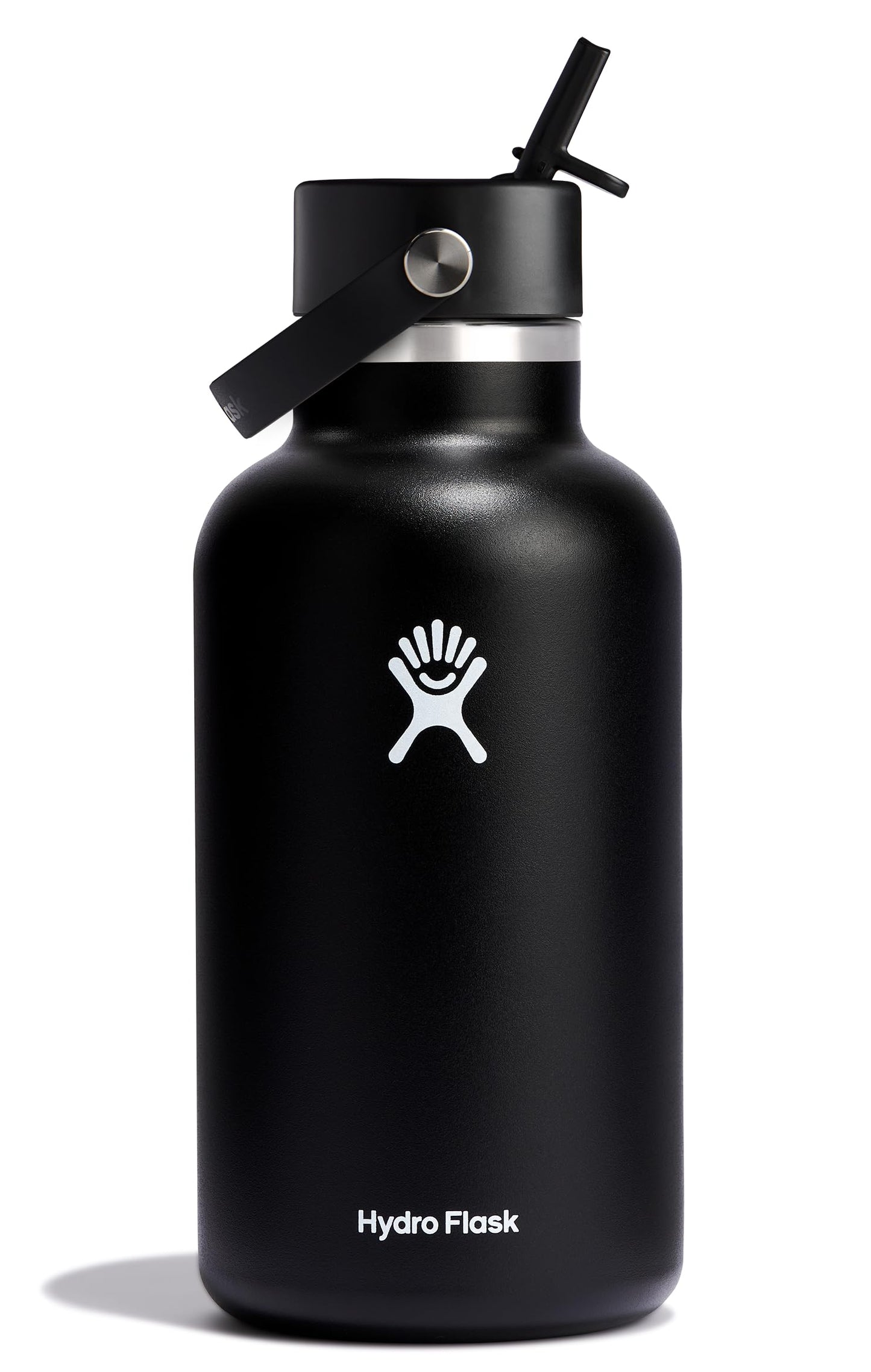 Hydro Flask Water Bottle - Insulated Stainless Steel - Wide Mouth Flex Straw Lid, Non Spill, Leakproof and Refillable in 64 Oz Black