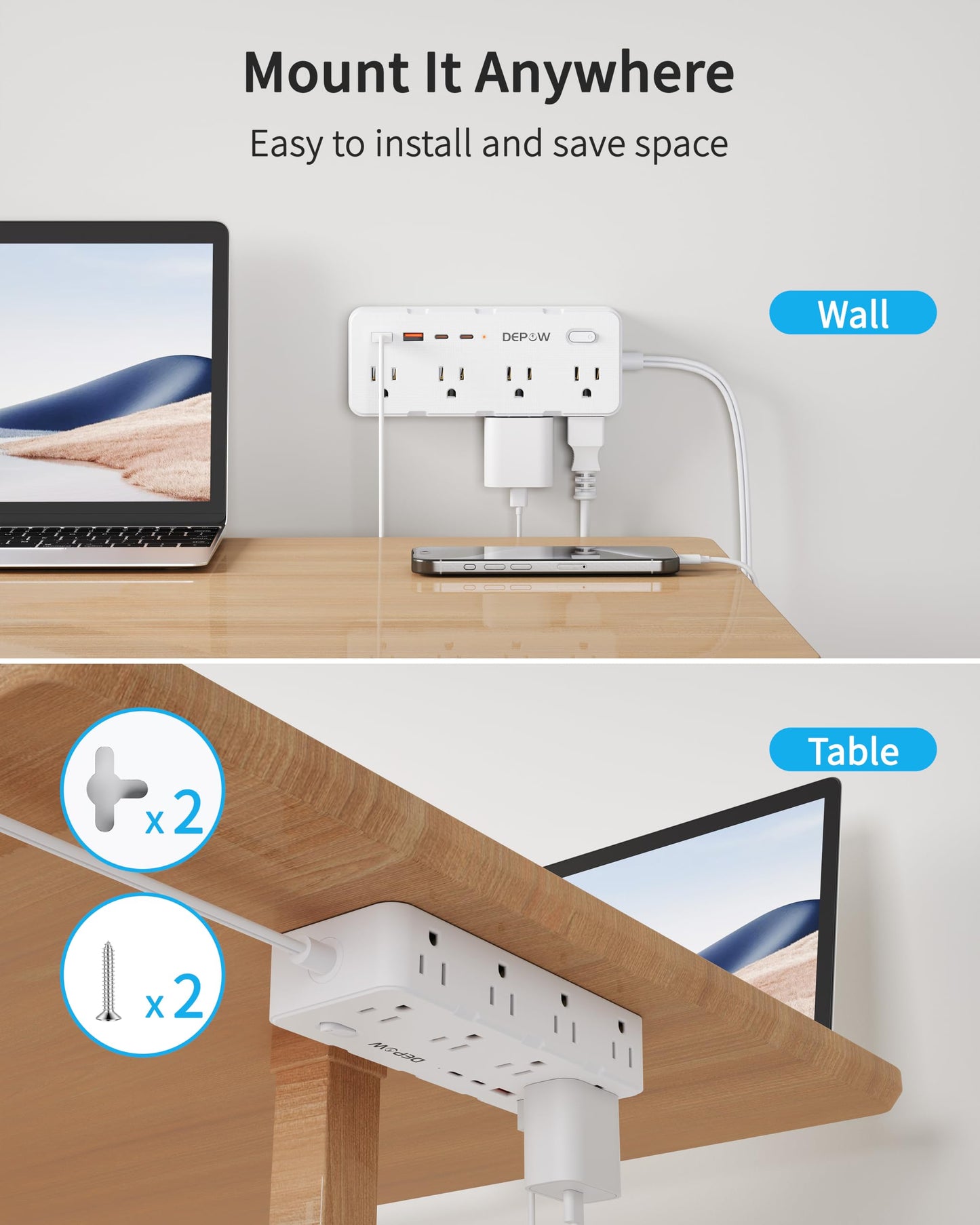 DEPOW 2 Prong Power Strip, 2 to 3 Prong Outlet Adapter with 8 AC & 4 USB Ports (2 USB C), 5FT Extension Cord, 1700J Two Prong Surge Protector, Wall Mountable, Ideal for Old House Non-Grounded Outlets