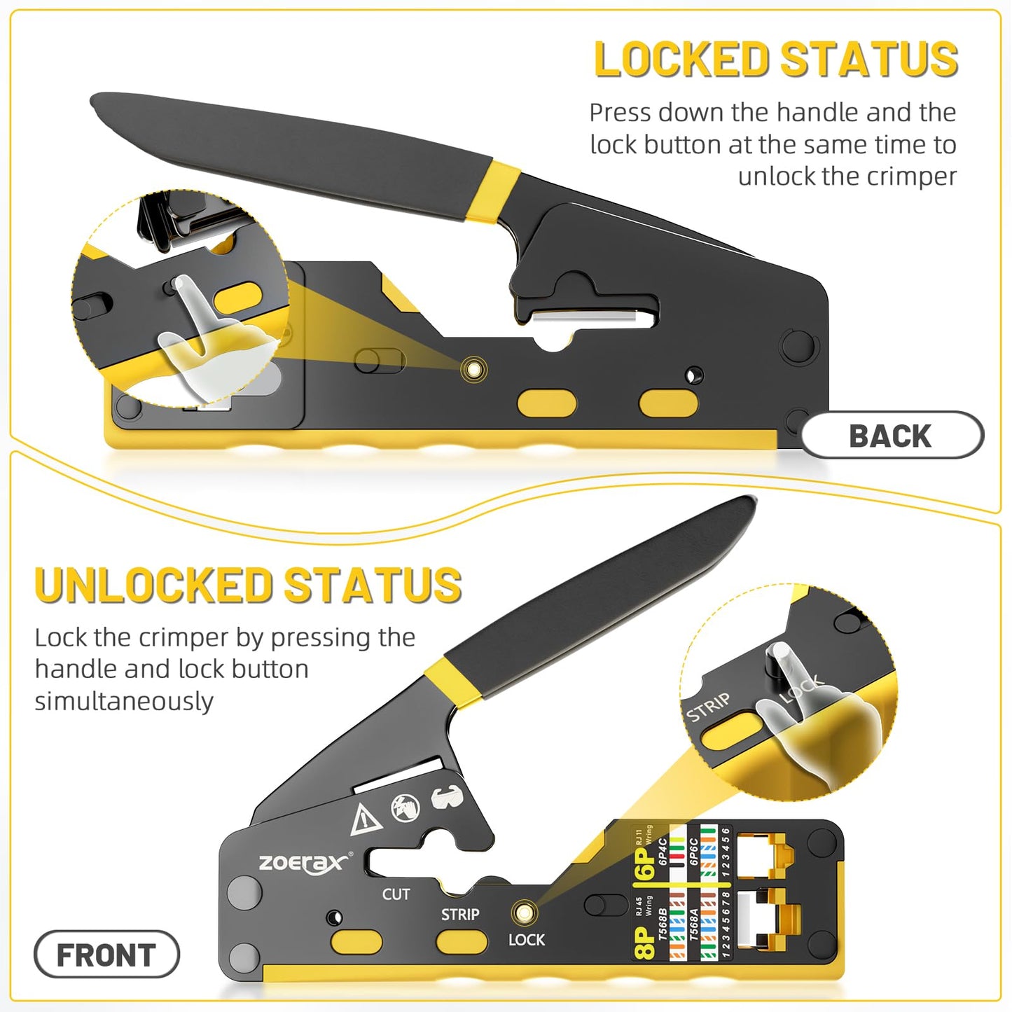 ZOERAX RJ45 Crimping Tool Ethernet Crimp Tool Crimper for RJ11/RJ12 Standard, RJ45 Pass Through Connectors, Yellow