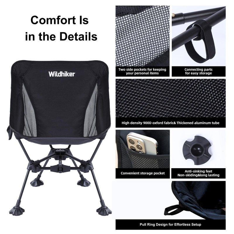 Wildhiker Ultralight Backpacking Chair – Compact Camping Chairs for Adults with Pouch, Weighs 2.8 lbs with Anti-Sinking Large Feet for Beach, Hiking, Motorcycle, Travel, Festival – Black