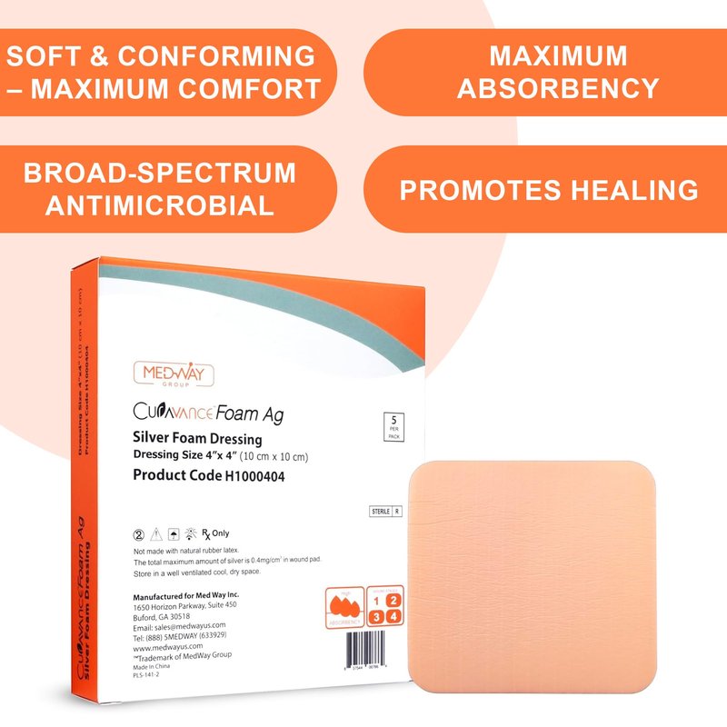 MedVance Silver Foam Ag Sterile Highly Absorbent Dressing with PU Backing, 4"x 4", 5 dressings/Box, 5 Count (Pack of 1)