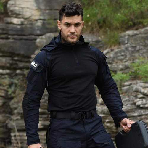 HAN·WILD Men's Tactical Shirt - Combat-Ready Long Sleeve with Elbow Pads & Camo Hooded Design