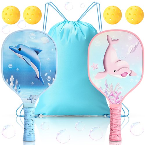 Lunmon 2 Pack Kids Paddle with 4 Cute Ball Small Grip Lightweight Fiberglass Rackets Paddle Set for Christmas Party Gifts Children 4-11 Years Old(Whale)