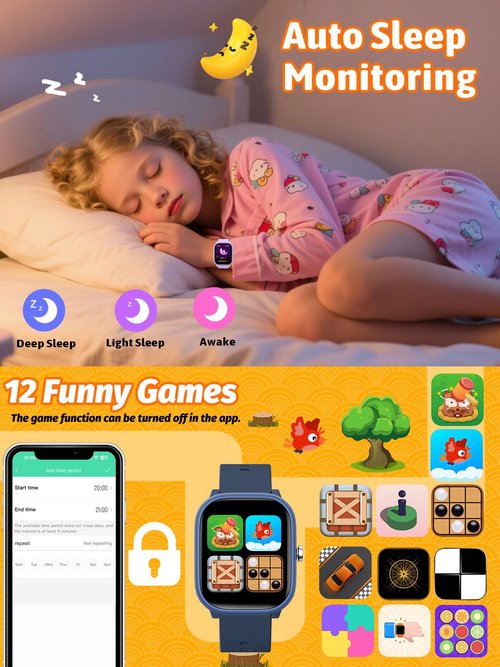 Roffnet Kids Smart Watch for Boys Girls, Fitness Tracker with Heart Rate Sleep Monitor, 1.83" Touchscreen with 12 Puzzle Games, Waterproof Activity Tracker Pedometer for Android iPhone (Black)