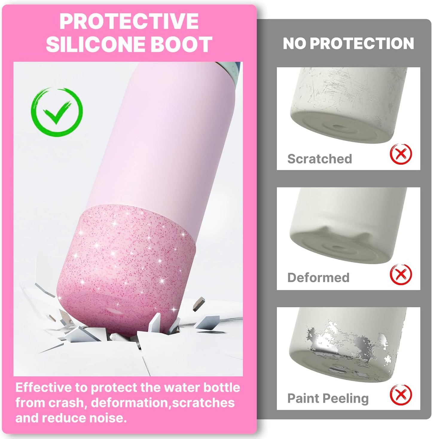 Silicone Water Bottle Boot for Owala 40 oz, Anti-Slip Protective Sleeve for Owala Twist & FreeSip & Flip Stainless Steel Water Bottle, Boot Bottom Base (Glitter Pink)