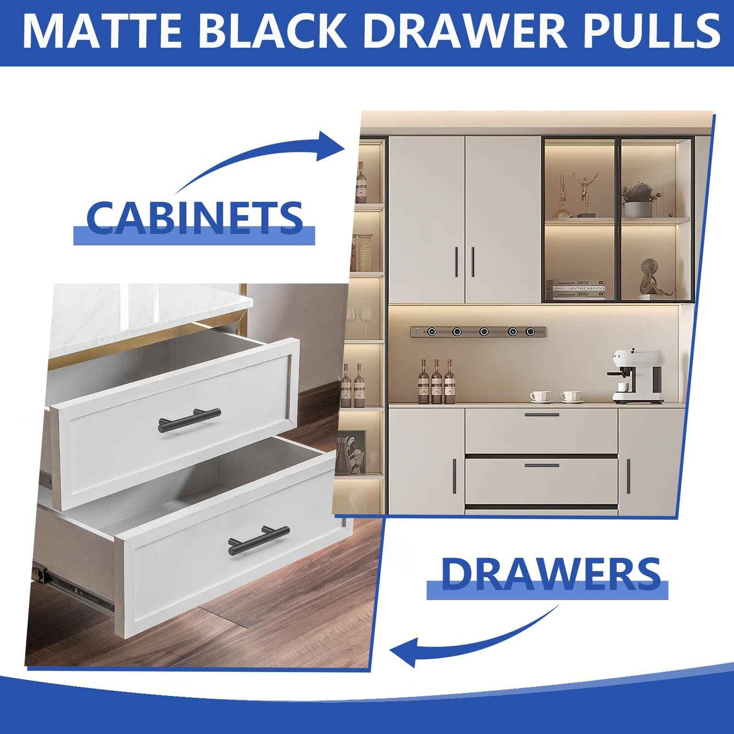 Plustool 50Pack Matte Black Cabinet Handles, 3''Hole Centers Kitchen Drawer Pulls, Stainless Steel Dresser Hardware for Kitchen Bathroom Bedroom - 5''Overall Length