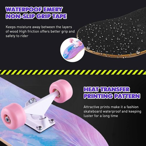 Skateboard,31 x 8 inch Complete Skateboards for Beginners,8 Layer Maple Concave Cruiser Trick Skate Board for Teens and Adults (Pink-JG)