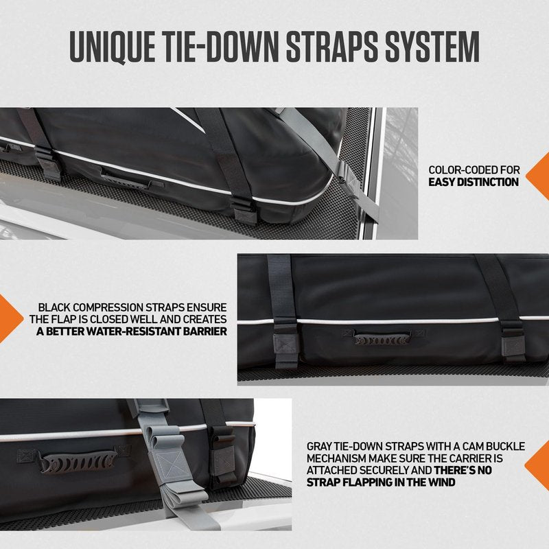 VENTURE 4TH Car Rooftop Cargo Carrier – 21 Cubic Feet Soft-Shell Waterproof Roof Bag with 10 Heavy-Duty Compression & Tie-Down Straps, Anti-Slip Mat & Door Hooks – Fits Cars with or Without Roof Rack