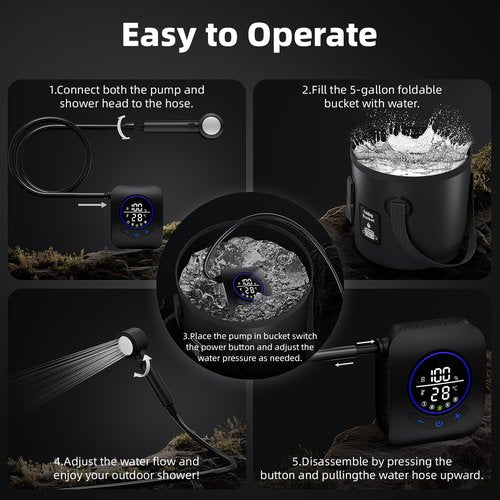 Moriko Portable Shower for Camping, 8000mAh Rechargeable Camping Shower Pump, 5 Shower Modes & IPX8 Waterproof, 5 Gallons Foldable Bucket, Outdoor Shower for Hiking, Travel, Car, Pet, Beach, RV, Boat