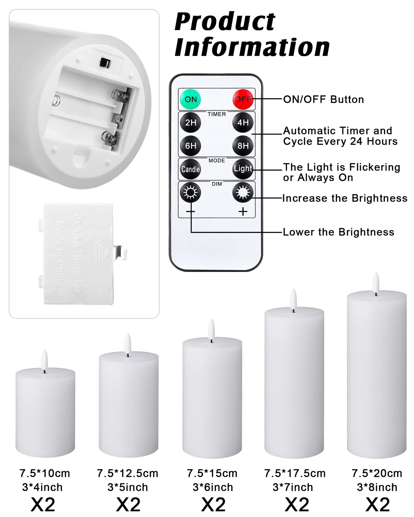 Leelosp 10 Pcs LED Flameless Candles with Remote Battery Operated Flickering Pillar Candles Fake Electric with Timer White Flat Top for Outdoor Home Decor D3 x H 4" 5" 6" 7" 8"