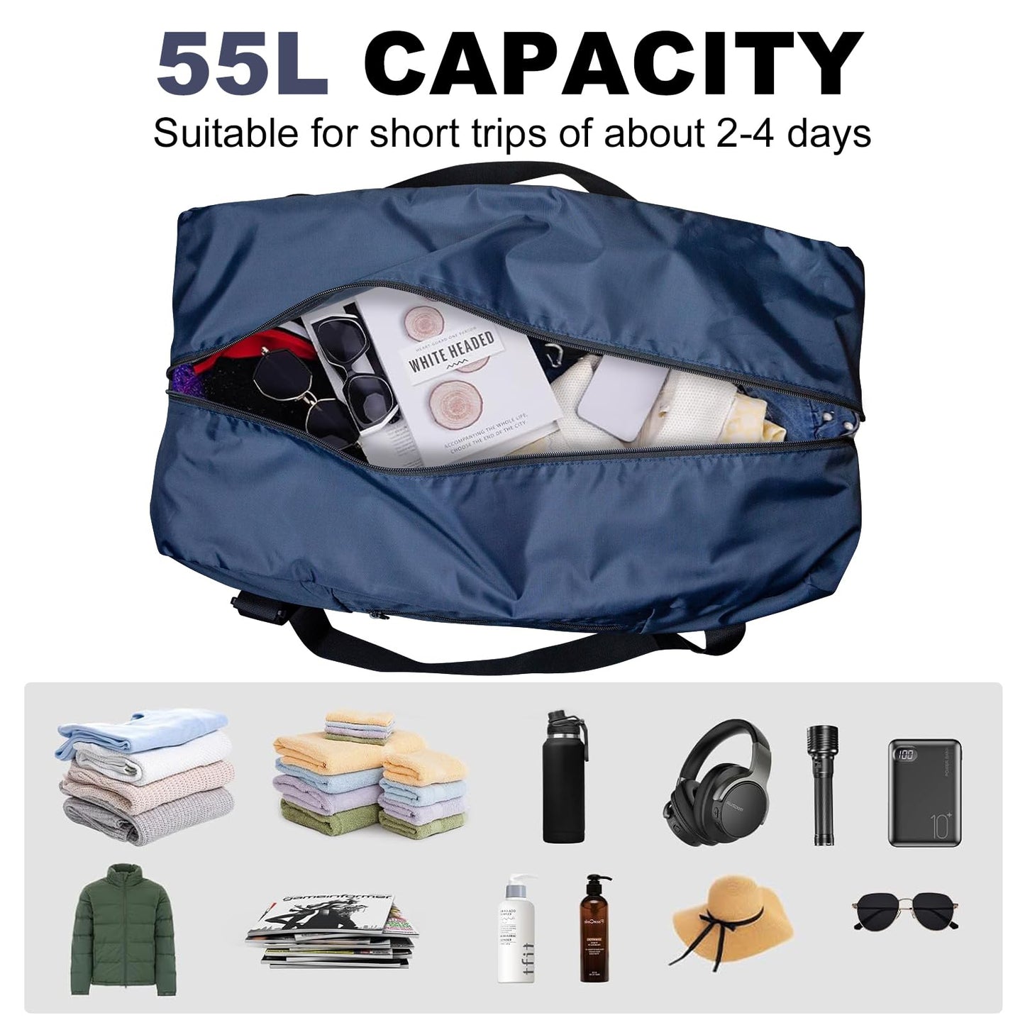 HOLYLUCK Foldable Travel Duffel Bag Luggage Great for Gym -55L, Navy Blue