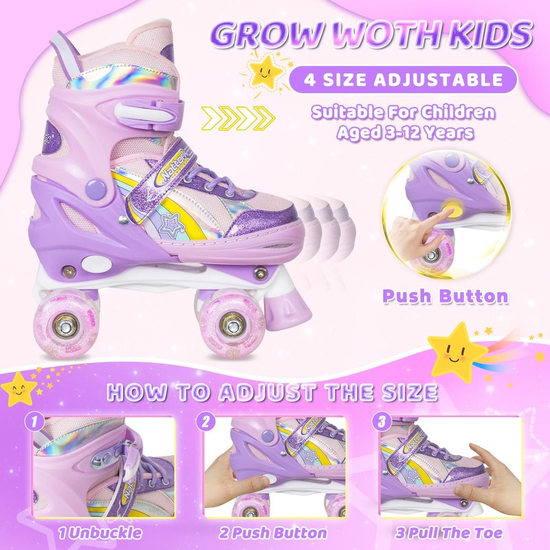 Nattork Kids Roller Skates for Girls, 4 Size Adjustable Rainbow Quad Skates with All Light Up Wheels - Best Birthday Gift for Outdoor Sports