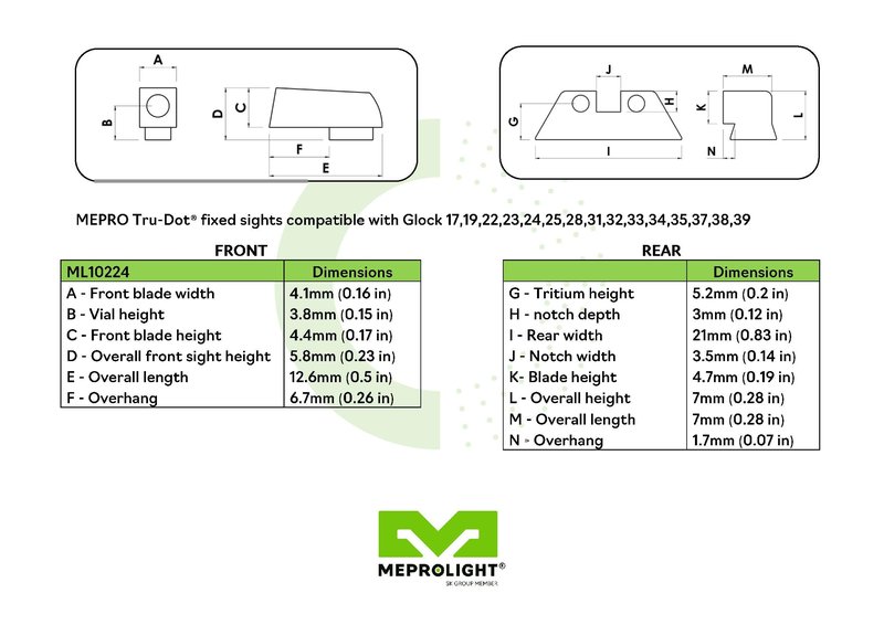 Meprolight Tru-Dot tritium Night Sights Compatible with Glock 17 19 20-25 28-35 37 39 tritium dots Glow on Sight self Illuminated Fixed Metal Sights Yellow Rear
