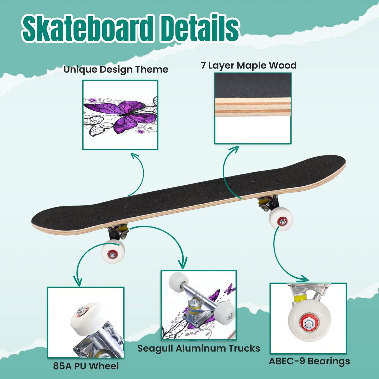 Skateboards Composition of Purple Pink Butterflies Morpho and White Butterflies Classic Concave Skateboard Cool Stuff Teen Gifts Longboard Extreme Sports for Beginners and Professionals