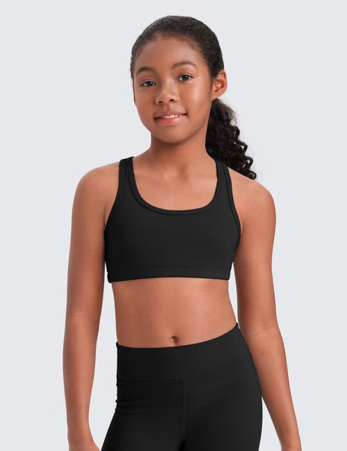 CRZ YOGA Girls Butterluxe Racerback Sports Bra - Yoga Athletic Casual Tops Scoop Neck Padded Crop Kids Teen Black Medium