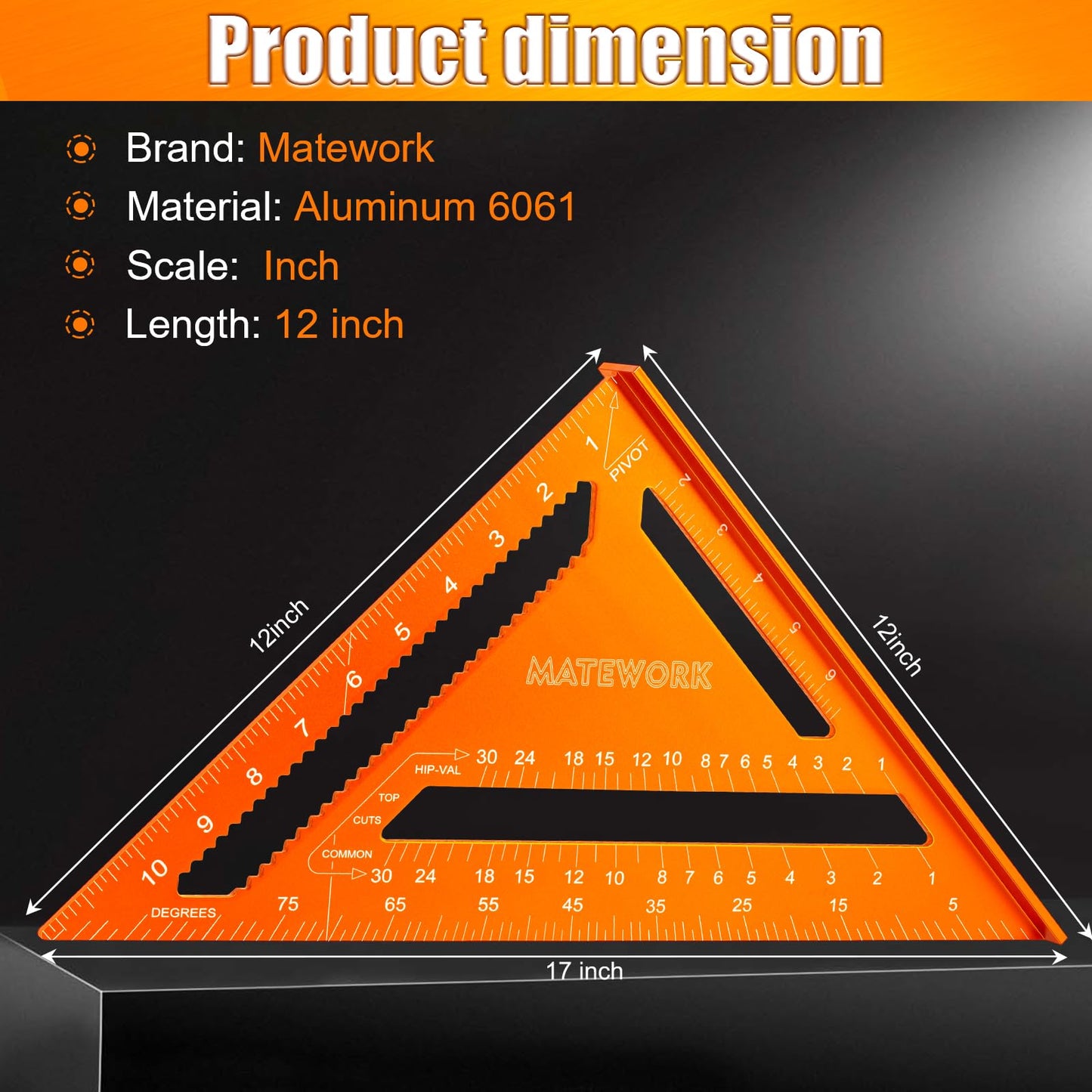 Carpenter Square 12 Inch, Matework Rafter Square for Angle Drawing Measuring Ruler, Framing Square Tool Aluminum for Woodworking, Carpentry